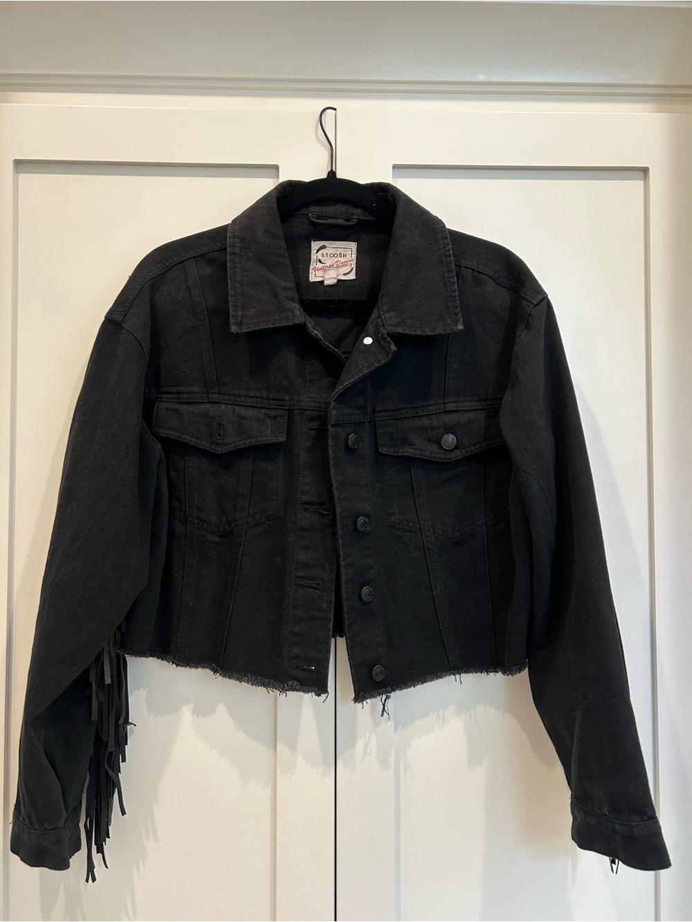 Stoosh Black Cropped Denim Jacket with Fringe Sleeves